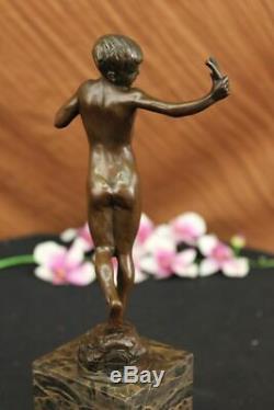 100% Vintage Bronze Pendant Boy Cast Statue Sculpture Figurine Art Deco Decor