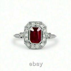 14k White Gold 1.75ct Red Emerald Diamond Cup Vintage Art Deco Ring Halo