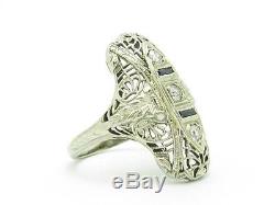 14k White Gold And Diamond Sapphire Blue Vintage Art Deco Right Side Ring Ring
