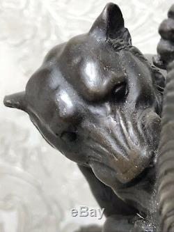 1 End Decorative Vintage Bronze Lioness Hunt Prey Buffalo Sculpture Signed