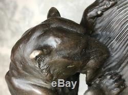 1 End Decorative Vintage Bronze Lioness Hunt Prey Buffalo Sculpture Signed