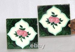 2Pc Vintage Majolica Flowers & Diamond Art Nouveau Architecture Tiles, Japan