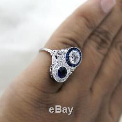 2ct White Diamond Sapphire Blue Vintage Art Deco Engagement Ring 10kt White Gold