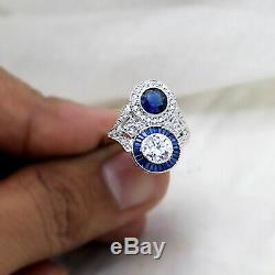 2ct White Diamond Sapphire Blue Vintage Art Deco Engagement Ring 10kt White Gold