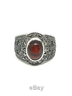 925/1000 Vintage Silver Ring With Art Deco Look, Cabochon Garnet And Marcasites