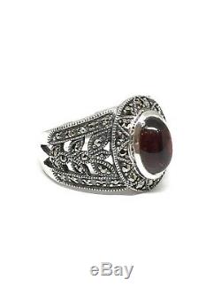 925/1000 Vintage Silver Ring With Art Deco Look, Cabochon Garnet And Marcasites