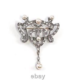 9901621 Vintage 925 Silver Art Nouveau Brooch with Swarovski Stones and Pearl, 4.5cm