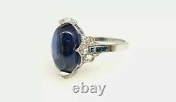 9ct Cabochon Blue Sapphire Diamond Art Deco Vintage Gold Ring White F Silver