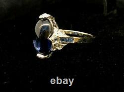 9ct Cabochon Blue Sapphire Diamond Art Deco Vintage Gold Ring White F Silver