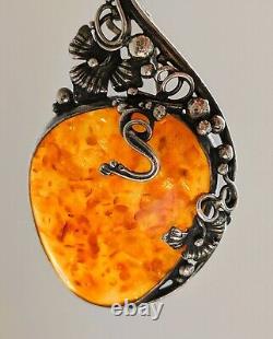 Amber and silver brooch in vintage Art Nouveau style handmade in Poland around 1990