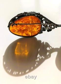 Amber and silver brooch in vintage Art Nouveau style handmade in Poland around 1990
