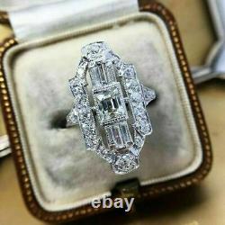 Ancient Art Deco Imitation Diamond 3 Stone Vintage Ring 14k White Gold Plated