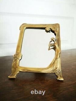 Ancient Vintage Magnificent Small Mirror Brass With Dec. Floral Art Nouveau