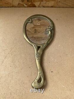 Antique ART NOUVEAU Hand Mirror Gilded Bronze Flower Decor Vintage #B447