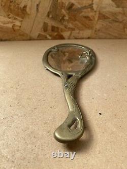 Antique ART NOUVEAU Hand Mirror Gilded Bronze Flower Decor Vintage #B447