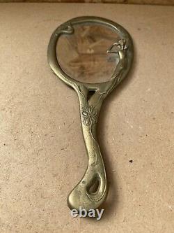 Antique ART NOUVEAU Hand Mirror Gilded Bronze Flower Decor Vintage #B447