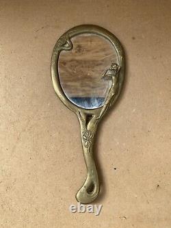 Antique ART NOUVEAU Hand Mirror Gilded Bronze Flower Decor Vintage #B447