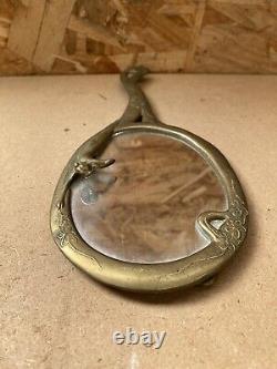 Antique ART NOUVEAU Hand Mirror Gilded Bronze Flower Decor Vintage #B447