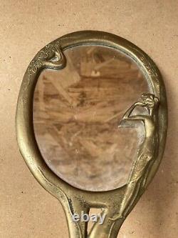 Antique ART NOUVEAU Hand Mirror Gilded Bronze Flower Decor Vintage #B447