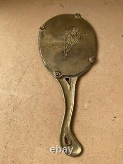 Antique ART NOUVEAU Hand Mirror Gilded Bronze Flower Decor Vintage #B447