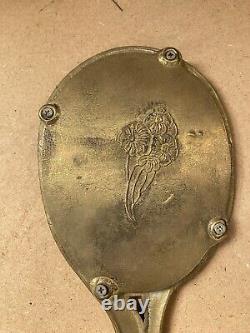 Antique ART NOUVEAU Hand Mirror Gilded Bronze Flower Decor Vintage #B447