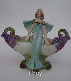 Antique Bisque Porcelain Art Nouveau German Nymph Figurine with Vintage Violet Flower
