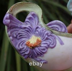 Antique Bisque Porcelain Art Nouveau German Nymph Figurine with Vintage Violet Flower
