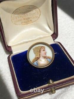 Antique Enamel Brooch Miniature Painting Girl Art Nouveau Vintage Jewellery