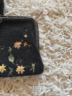 Antique Vintage Art New Hand Beaded Handbag Evening Floral Bag Black