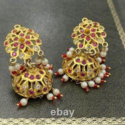 Antique Vintage Art Nouveau 14k Gold Plated Mughal Paste Wedding Earrings 19.7g