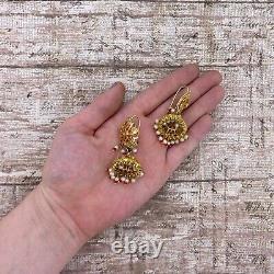 Antique Vintage Art Nouveau 14k Gold Plated Mughal Paste Wedding Earrings 19.7g