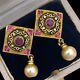 Antique Vintage Art Nouveau 14k Gold Plated Mughal Ruby Wedding Earrings 7.4g