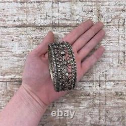 Antique Vintage Art Nouveau 925 Sterling Silver Steel Cut Bracelet 57.2g