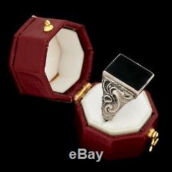Antique Vintage Art Nouveau Sterling Silver 835 Rococo Germany Onyx Ring Sz 8.5