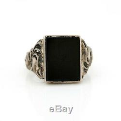 Antique Vintage Art Nouveau Sterling Silver 835 Rococo Germany Onyx Ring Sz 8.5