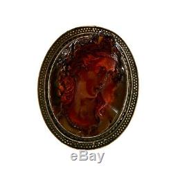 Antique Vintage Art Nouveau Sterling Silver Carved Cherry Amber Cameo Brooch