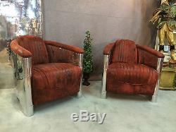 Armchairs (the Pair) Vintage Aviator In Aluminum Riveted Leather-like Fabric
