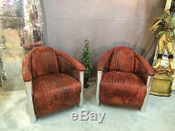 Armchairs (the Pair) Vintage Aviator In Aluminum Riveted Leather-like Fabric