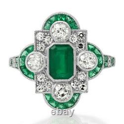 Art Deco Emerald Platinum Diamond Ring Antique Vintage Motif Certifié Naturel