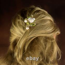 Art Nouveau Green Floral Hair Comb with Genuine Baroque Pearl Vintage Style QD12