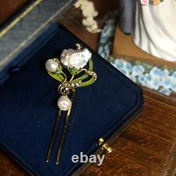 Art Nouveau Green Floral Hair Comb with Genuine Baroque Pearl Vintage Style QD12