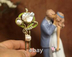 Art Nouveau Green Floral Hair Comb with Genuine Baroque Pearl Vintage Style QD12