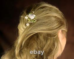 Art Nouveau Green Floral Hair Comb with Genuine Baroque Pearl Vintage Style QD12