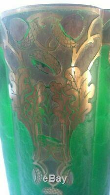 Art Nouveau Legras Mont Joye Acid Etched Cameo Vase Golden Vintage Emerald Green