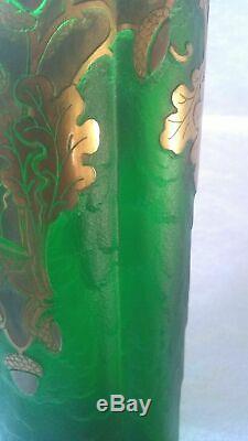 Art Nouveau Legras Mont Joye Acid Etched Cameo Vase Golden Vintage Emerald Green