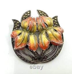 Art Nouveau Sterling Silver Enamel Marcasite Iris Flower Vintage Brooch