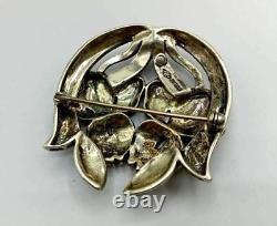 Art Nouveau Sterling Silver Enamel Marcasite Iris Flower Vintage Brooch