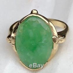 Art Nouveau Style 14k Yellow Gold Green Jadeite Jadeite Floral Vintage Navette Ring