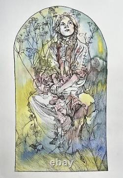 COA Original Art Vintage Nouveau Woman 12x16 A3 Watercolor Painting