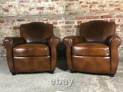 Club Club Chairs In Vintage Havana-style Leather Mustache